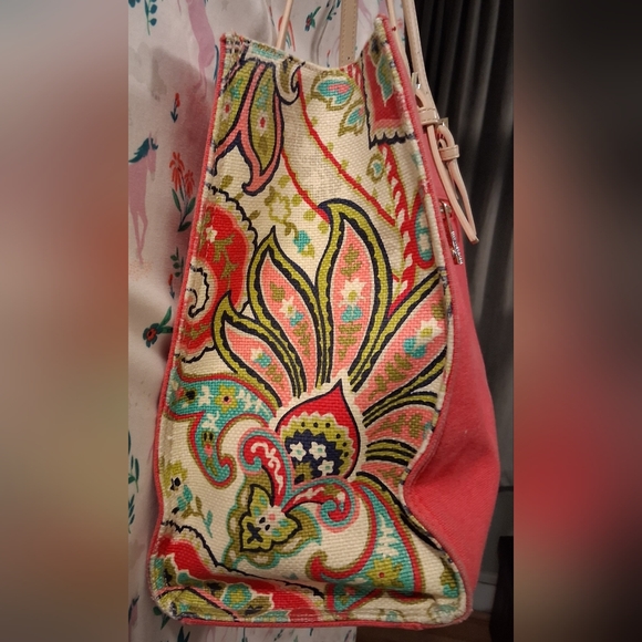 Spartina 449 Pink & Green Pineapple Paisley Linen Boho Casual Tote Purse Bag - Picture 6 of 13